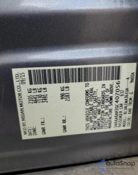 2016 Nissan Maxima 3.5S z USA, uszkodzony, nr VIN 1N4AA6AP2GC407056